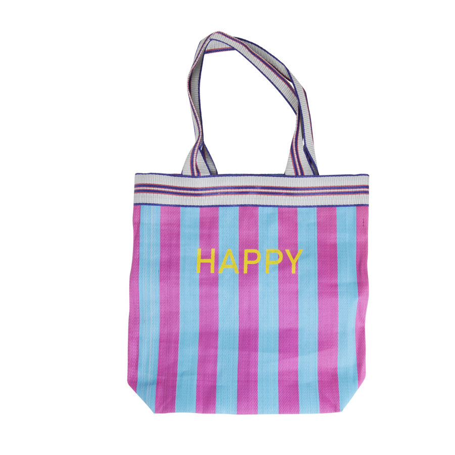 Recycled Plastic Shopping Bag - Happy - Blue and Purple Stripe