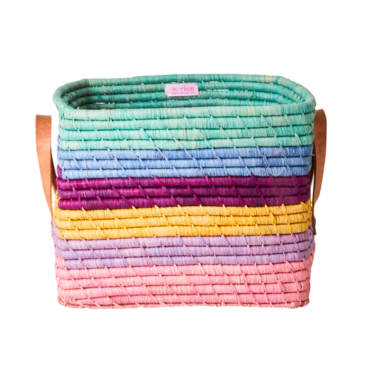 Raffia Square Basket with Leather Handles