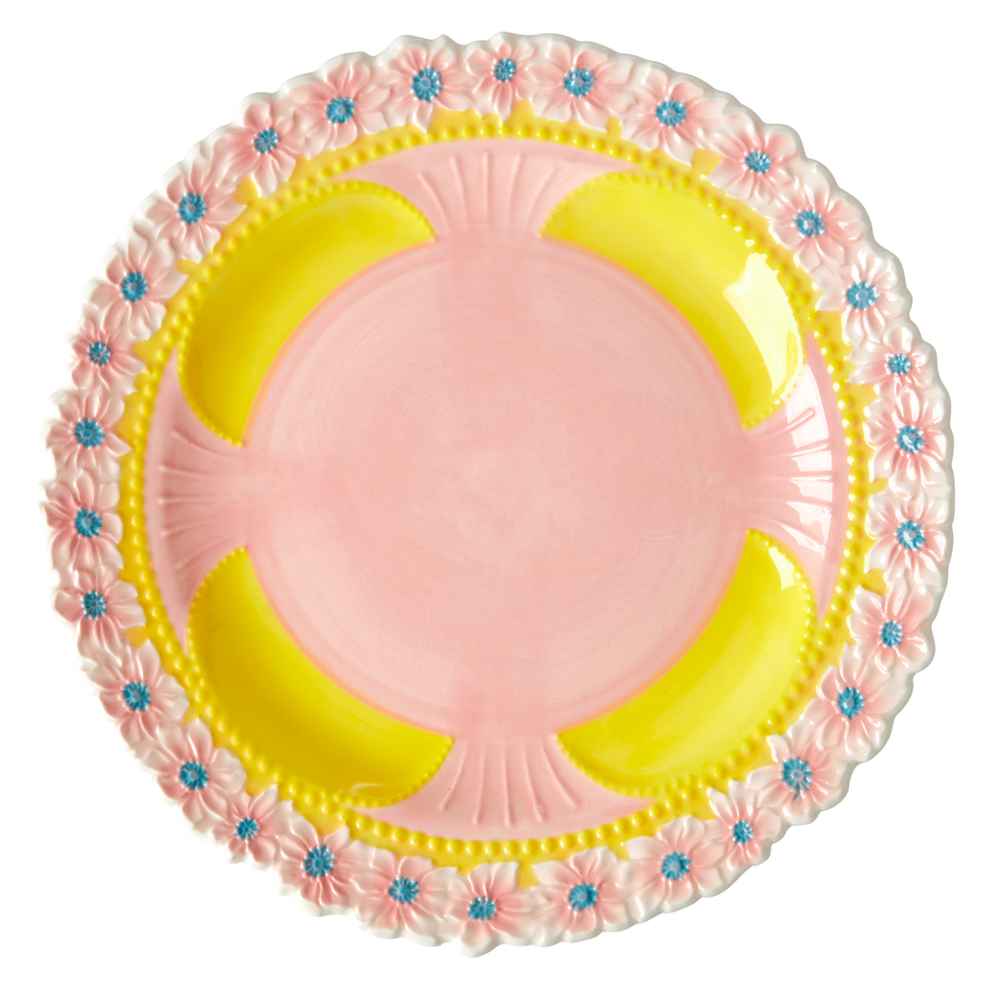 Ceramic Dinner Plate by Rice with Embossed Flower Design - Yellow