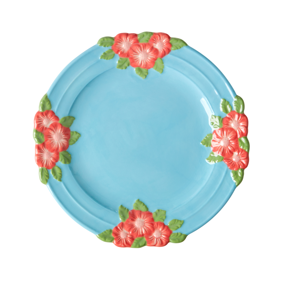 Ceramic Lunch Plate by Rice with Embossed Flowers - Blue