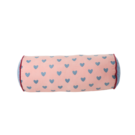 Velvet Bolster Pillow in Pink with Gendarme Hearts - Medium
