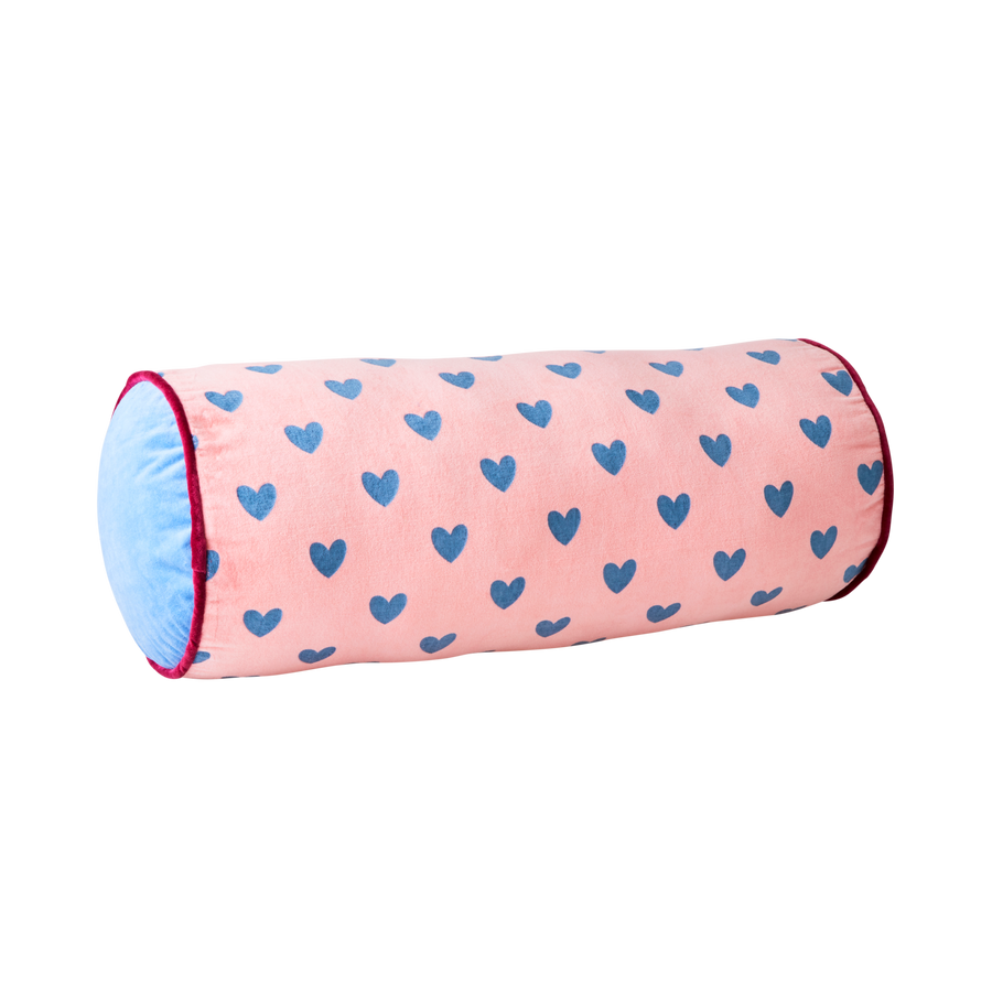 Velvet Bolster Pillow in Pink with Gendarme Hearts - Medium