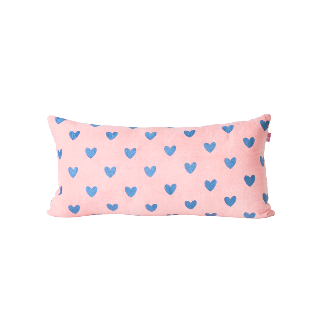 Velvet Rectangular Pillow in Pink with Gendarme Blue Hearts - Medium