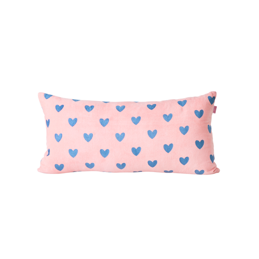 Velvet Rectangular Pillow in Pink with Gendarme Blue Hearts - Medium