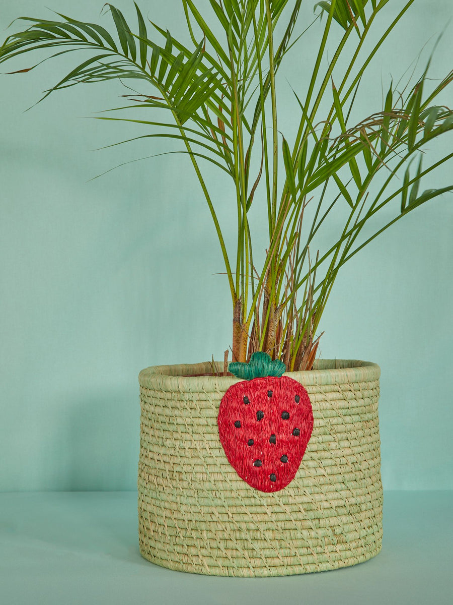Raffia Basket in Green with Strawberry Embroidery