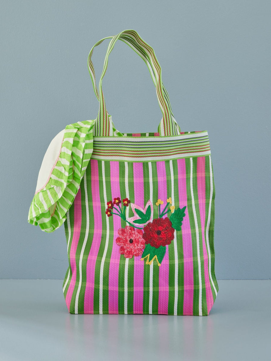 Recycled Plastic Shopping Bag - Flowers - Pink and Green