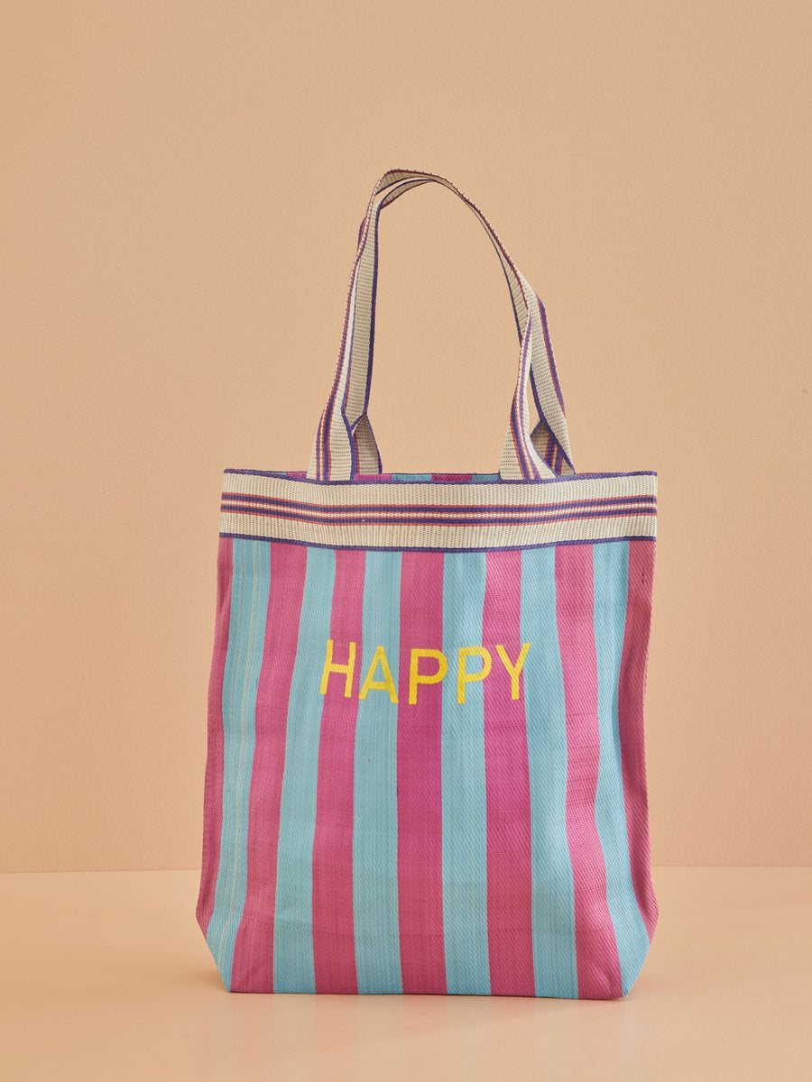 Recycled Plastic Shopping Bag - Happy - Blue and Purple Stripe