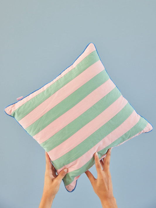 Cotton Cushion with Stripe Print by Rice - Pink / Green