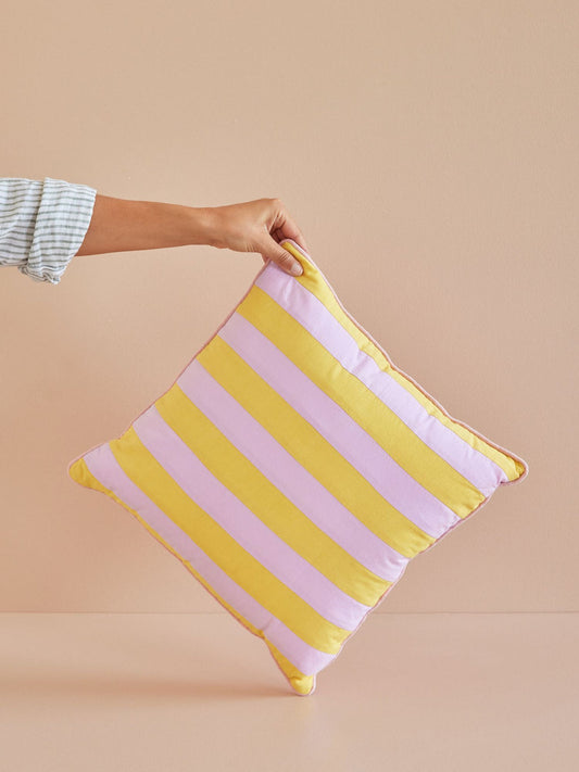 Cotton Cushion with Striped Print by Rice - Yellow / Lavender
