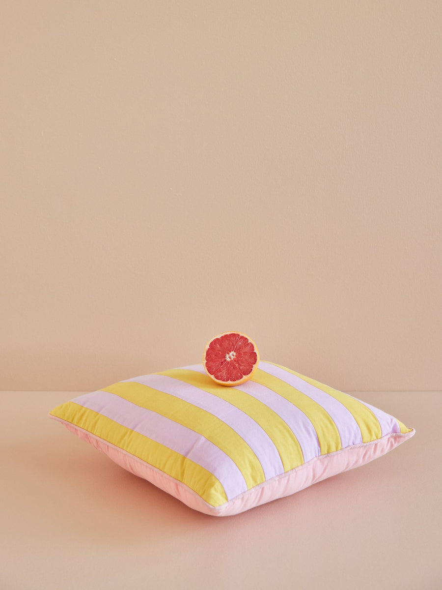 Cotton Cushion with Striped Print by Rice - Yellow / Lavender