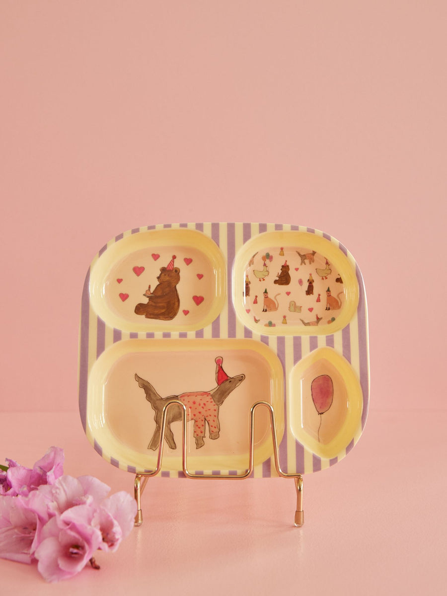 Melamine Kids 4 Room Plate by Rice - Lavender Animal Print
