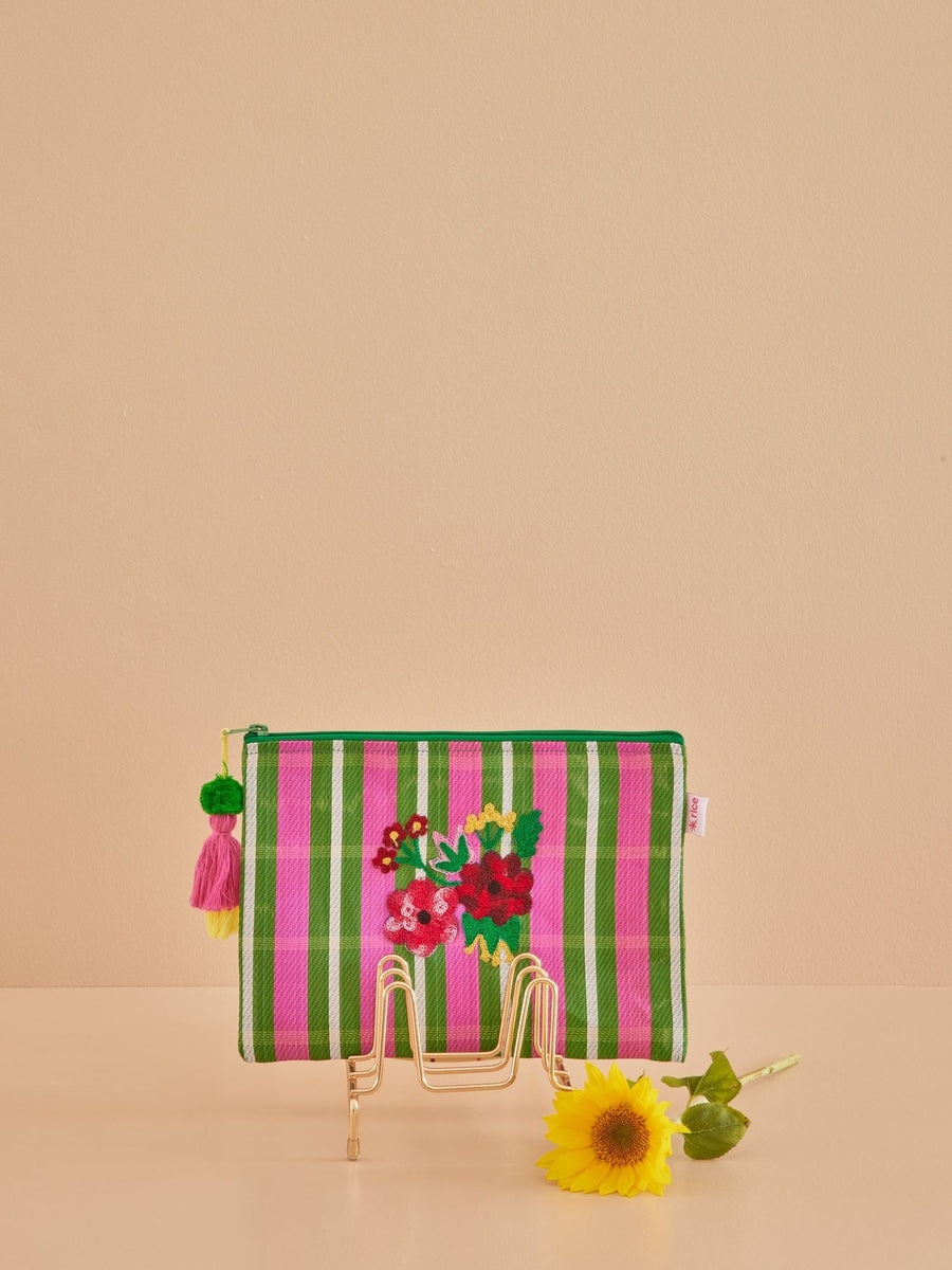 Recycled Plastic Pouch Bag - Flowers - Green and Pink Stripes