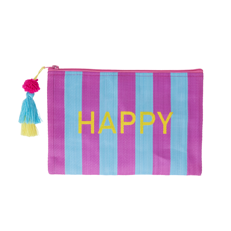 Recycled Plastic Pouch Bag - Happy - Blue and Purple Stripes