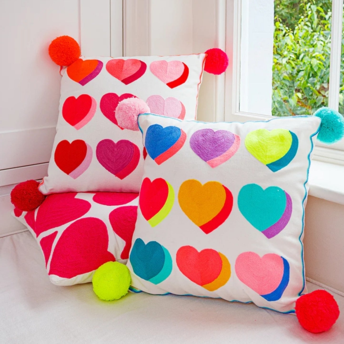 Letterpop Hearts Embroidered Cushion Multicoloured