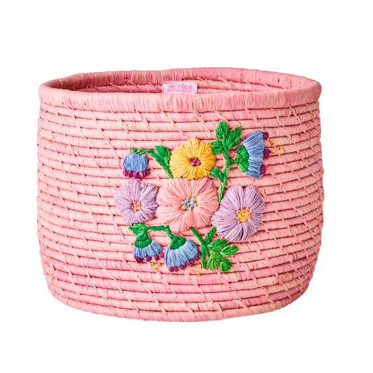 Raffia Round Basket with Flower Embroidery in Pink - Large