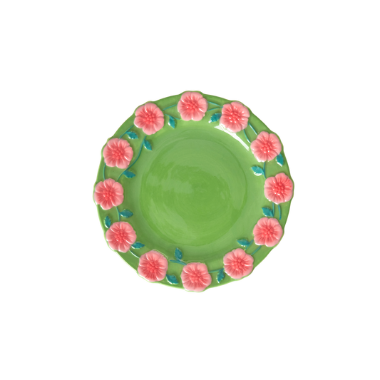 Ceramic Lunch Plate by Rice with Embossed Flower Design - Green