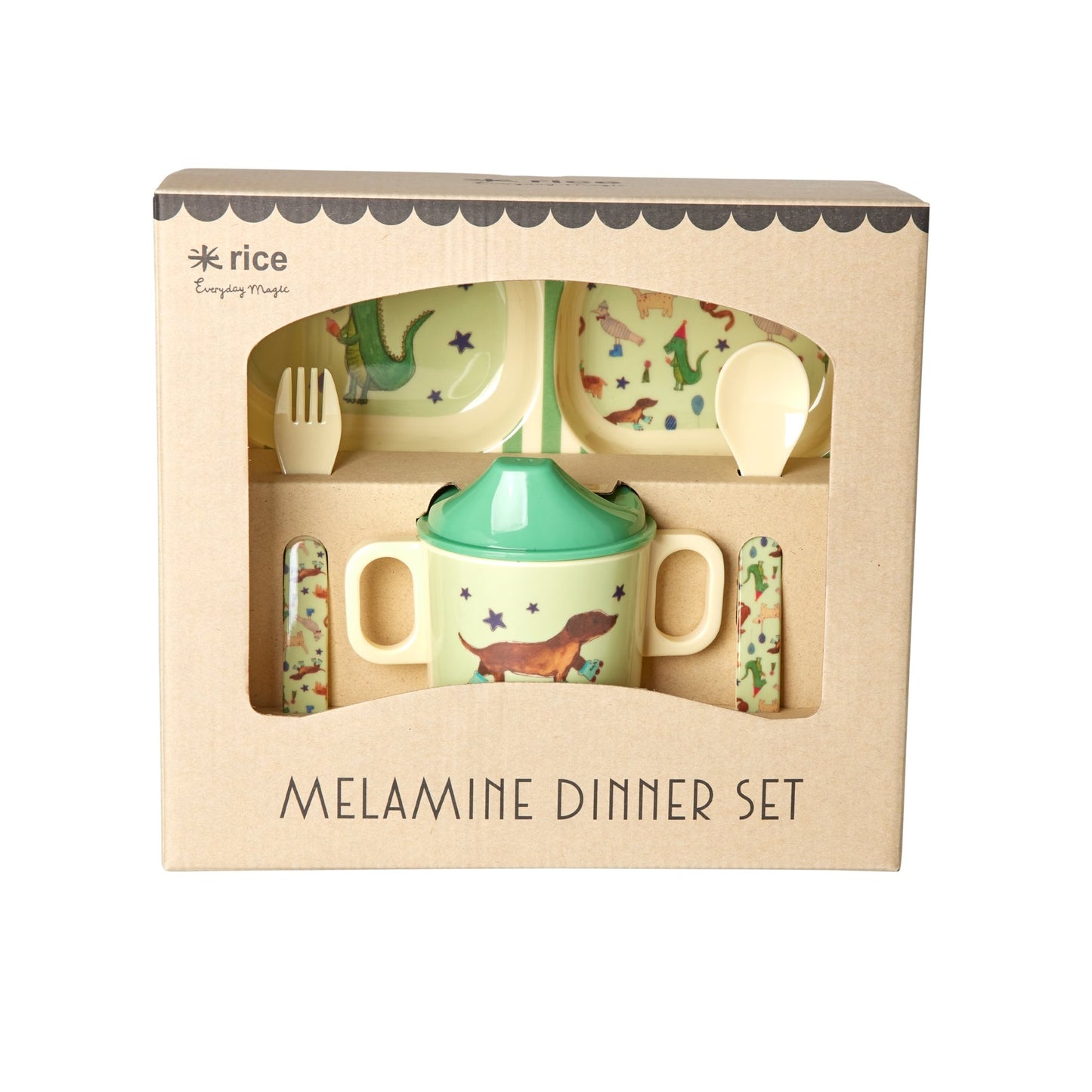 Melamine Baby Dinner Set in Gift Box - Animal Green Print - 4 piece Set